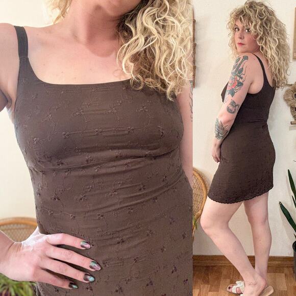 90s Express Brown Embroidered Babydoll Dress - Picture 2 of 10